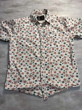 Rugby University Men's Size Medium Patriotic Star Print Short Sleeve Button Down